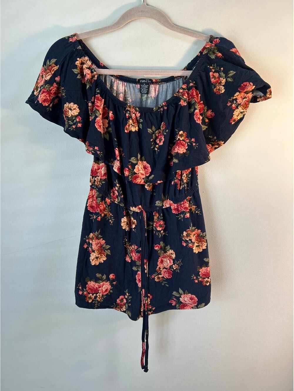 Rue21 Floral Off Shoulder Romper Women's Medium Navy Blue Ruffle Boho Romper